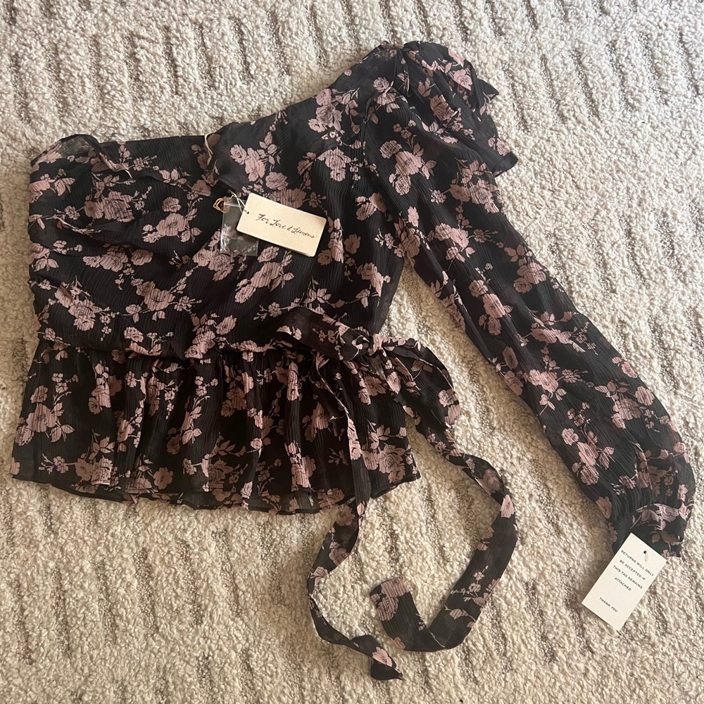 For Love and Lemons Black Top with Blush Pink Floral Print